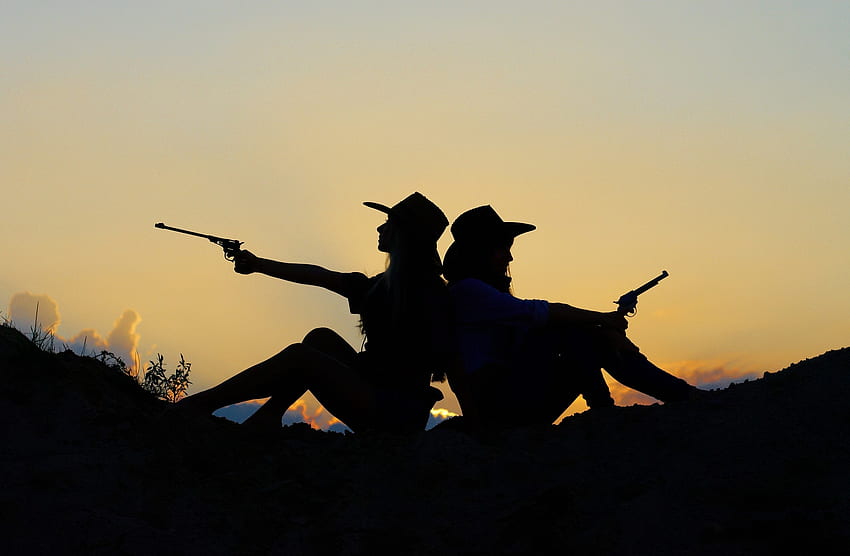 Cowgirl Silhouettes, cowgirls, clouds, silhouettes, guns, sky, sunset, handguns, hats HD wallpaper