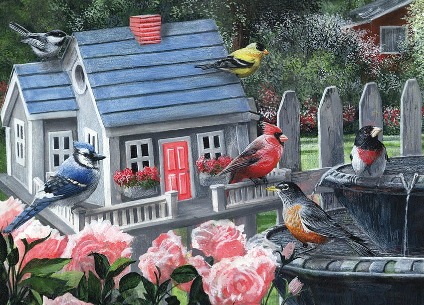 Backyard Bird House, robin, puzzle, cardinal, birdhouse HD wallpaper