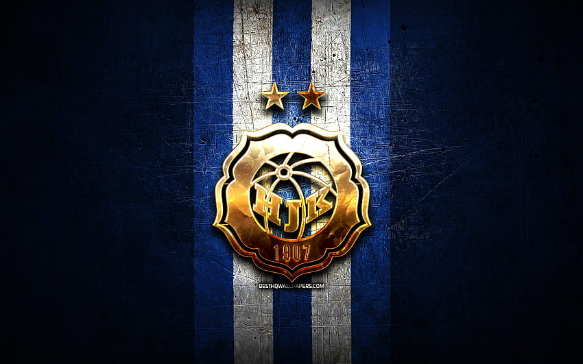 HJK FC, golden logo, Veikkausliiga, blue metal background, football, finnish football club, HJK FC logo, soccer, HJK Helsinki, Helsingin Jalkapalloklubi HD wallpaper