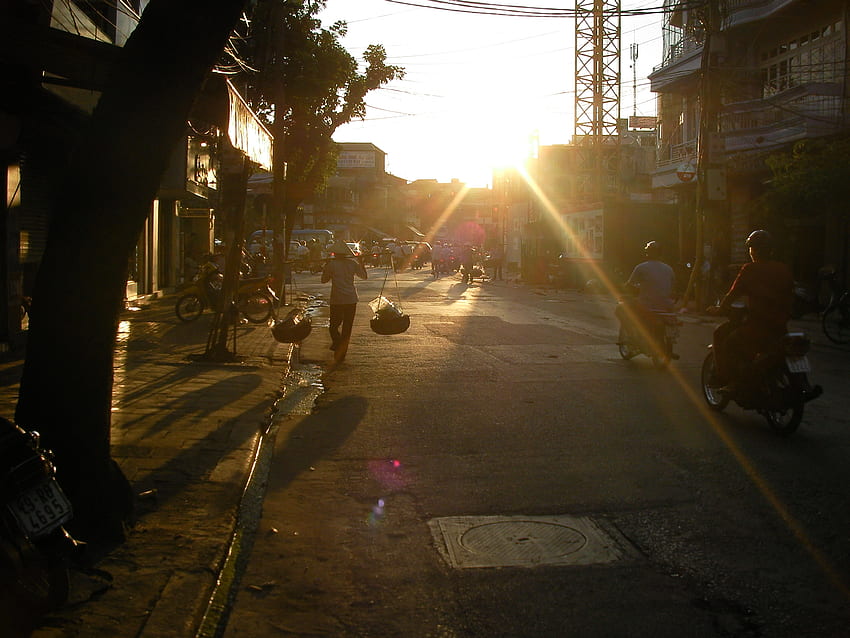 Escena callejera asiática, motocicletas, rayos de sol, luz, gente, árbol fondo de pantalla