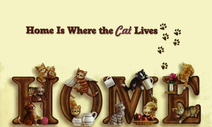 Home is Where the Cat Lives F2, animal, art, feline, cat, kittens, artwork, painting, pet, home HD wallpaper