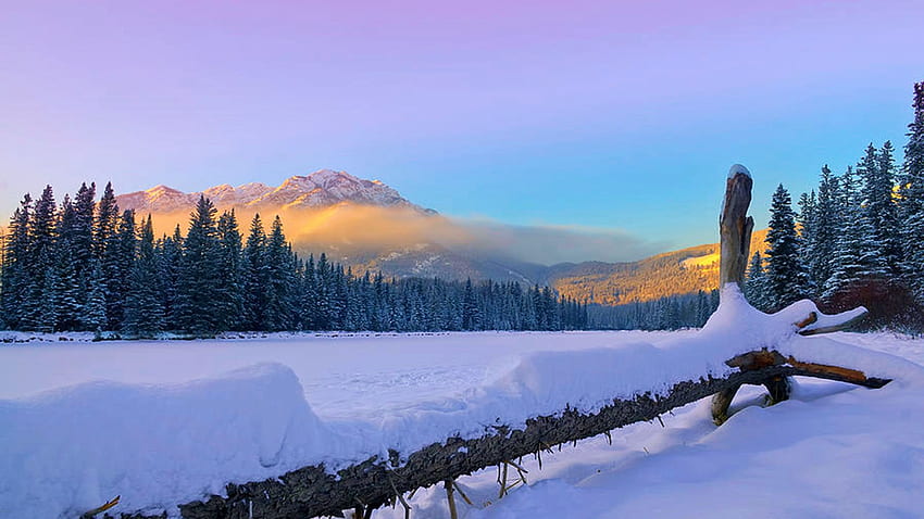 Donmuş Bow Nehri'nde gün batımı, Banff, Alberta, kış, kar, bulutlar, ağaçlar, manzara, gökyüzü, su, buz, renkler HD duvar kağıdı