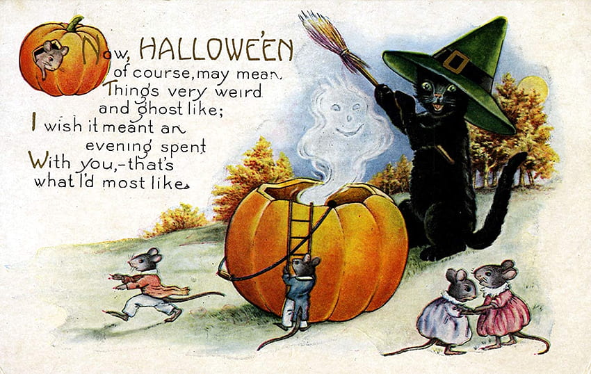 Wesołego Halloween!, czarny, kot, pomarańcza, czarownica, retro, halloween, dynia, kapelusz, rocznik Tapeta HD