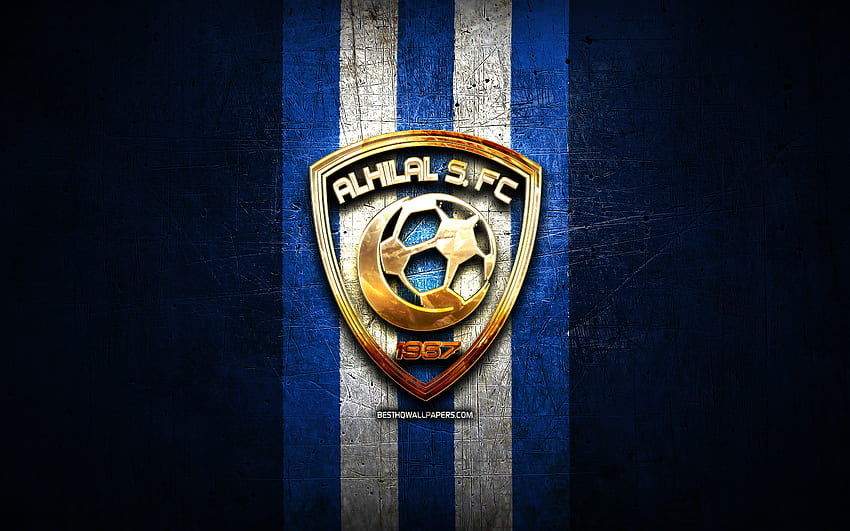 Ал Хилал ФК, златно лого, Саудитска професионална лига, син метален фон, футбол, Ал Хилал, саудитски футболен клуб, лого на Ал Хилал, футбол, Ал Хилал SFC HD тапет