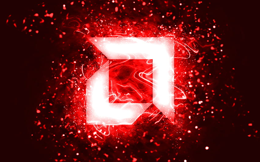 Czerwone logo AMD, czerwone neony, kreatywne, czerwone abstrakcyjne tło, logo AMD, marki, AMD Tapeta HD