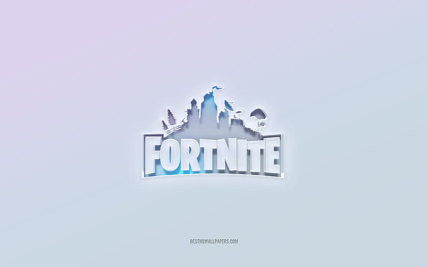 Лого на Fortnite, изрязан 3d текст, бял фон, лого на Fortnite 3d, емблема на Fortnite, Fortnite, релефно лого, емблема на Fortnite 3d HD тапет