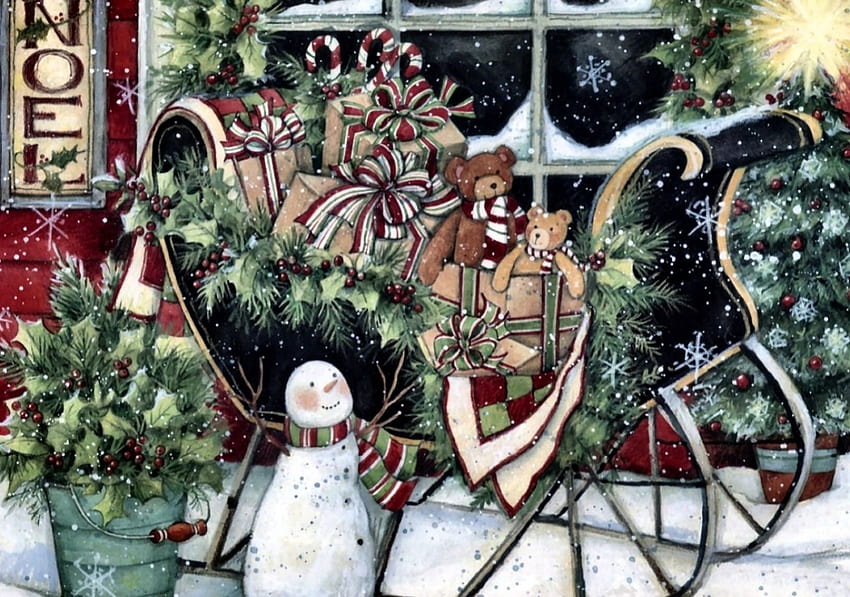 Santa's Sleigh F, Winter, Dezember, Kunst, schön, Illustration, Kunstwerk, Landschaft, Anlass, Breitwand, Urlaub, Malerei, Weihnachten, Schnee HD-Hintergrundbild