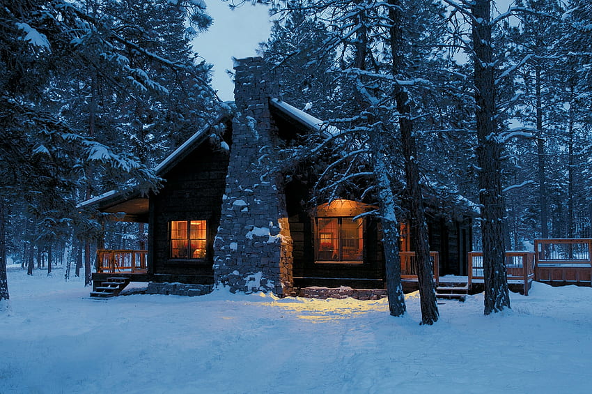 Log Cabin, notte, moderno, architettura, cabina, casa, legno, alloggio, neve, ceppo Sfondo HD