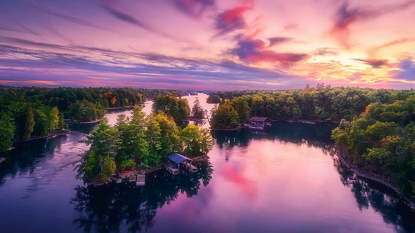 Otoño en 1000 islas, río San Lorenzo, Ontario, puesta de sol, nubes, árboles, cielo, canadá, bosque, reflejos fondo de pantalla