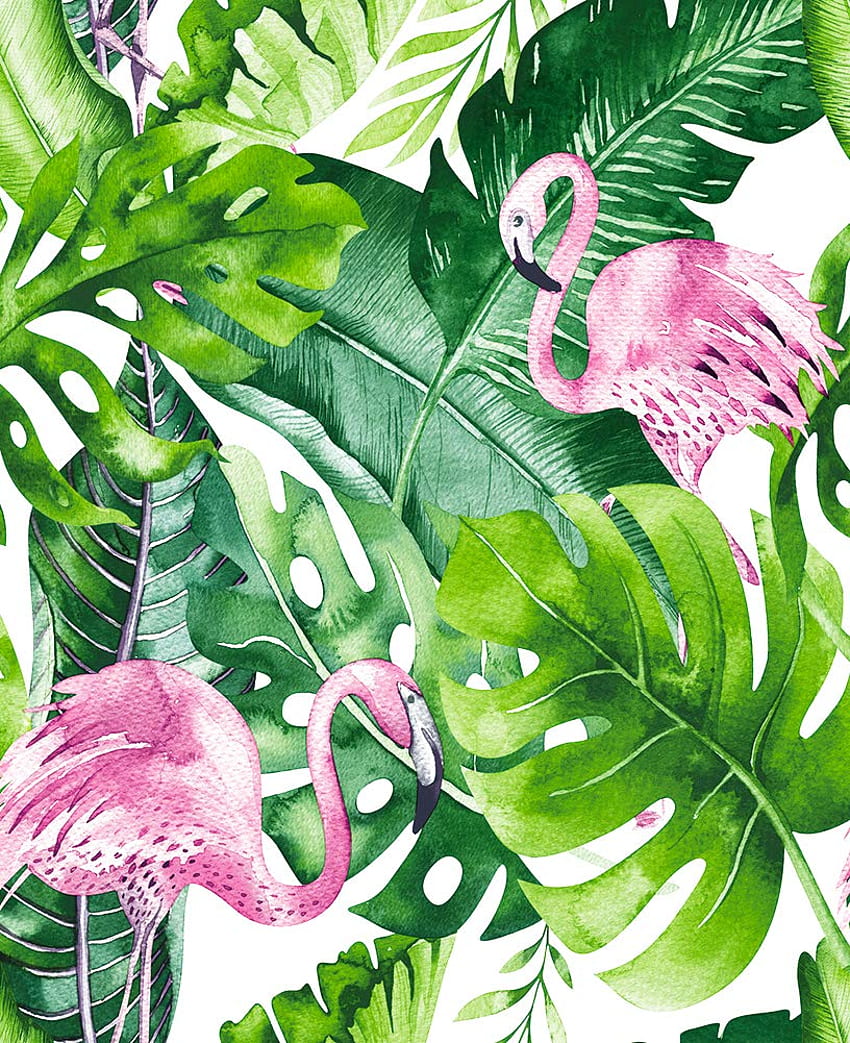HaokHome 93013 Aquarell-Flamingo, tropisches Abziehen und Aufkleben, abnehmbare, grün-rosa Vinyl-Regaleinlage, selbstklebend, 17,7 Zoll x 9,8 Fuß HD-Handy-Hintergrundbild