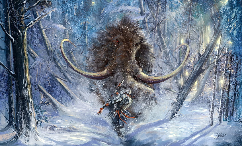 Mammoth and man, fantasy, art HD wallpaper