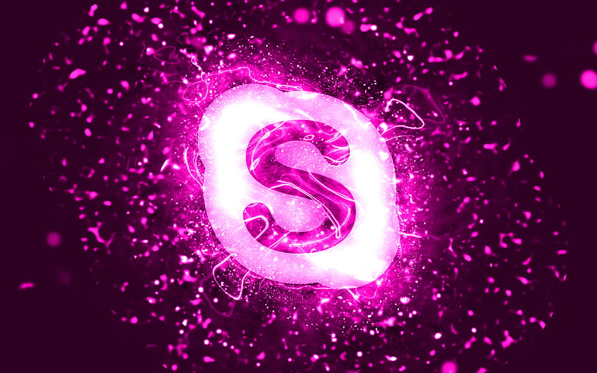 Skype purple logo, , purple neon lights, creative, purple abstract background, Skype logo, brands, Skype HD wallpaper
