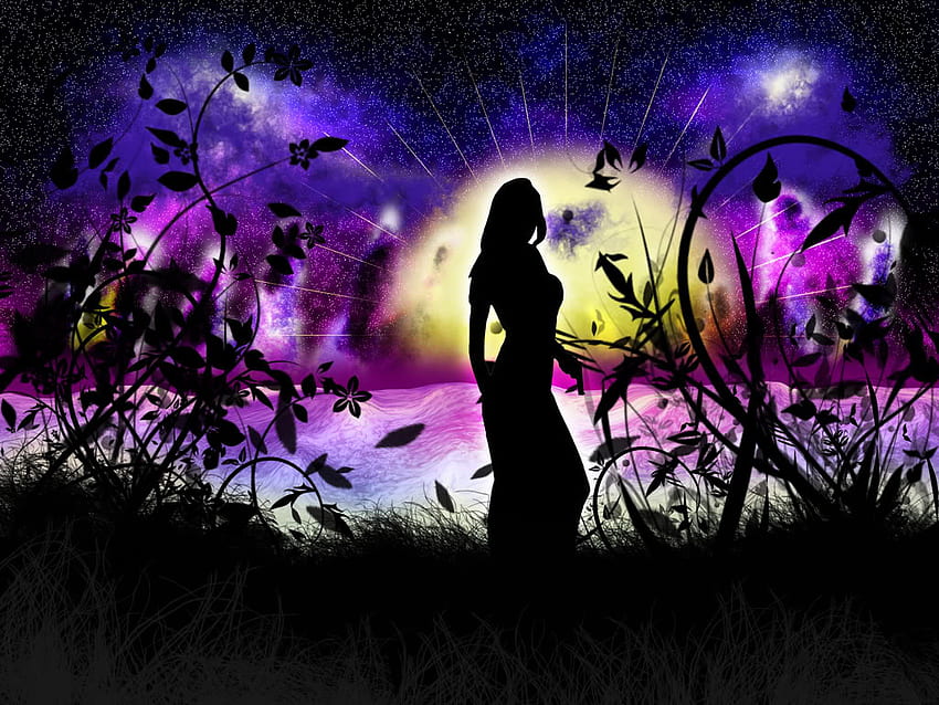 Fantasy-Sonnenuntergang, Blumen, Mädchen, Sonne, Frau, dunkel HD-Hintergrundbild