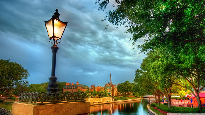 the french quarter in epcot center r, river, light, clouds, trees, r, amusement park HD wallpaper