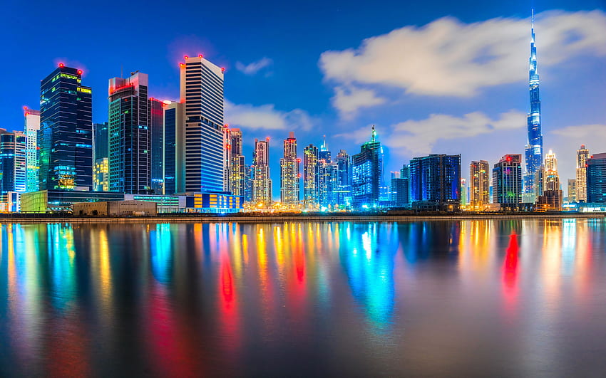 Emiratos Árabes Unidos, Paisajes nocturnos, Burj Khalifa, Edificios modernos - Dubai Abu Dhabi Paisaje fondo de pantalla