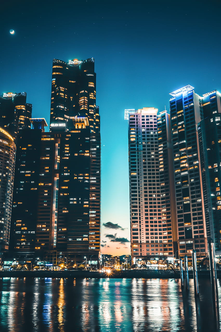 도시, 해안, 은행, 밤의 도시, 고층 빌딩, 대한민국, 부산 HD 전화 배경 화면