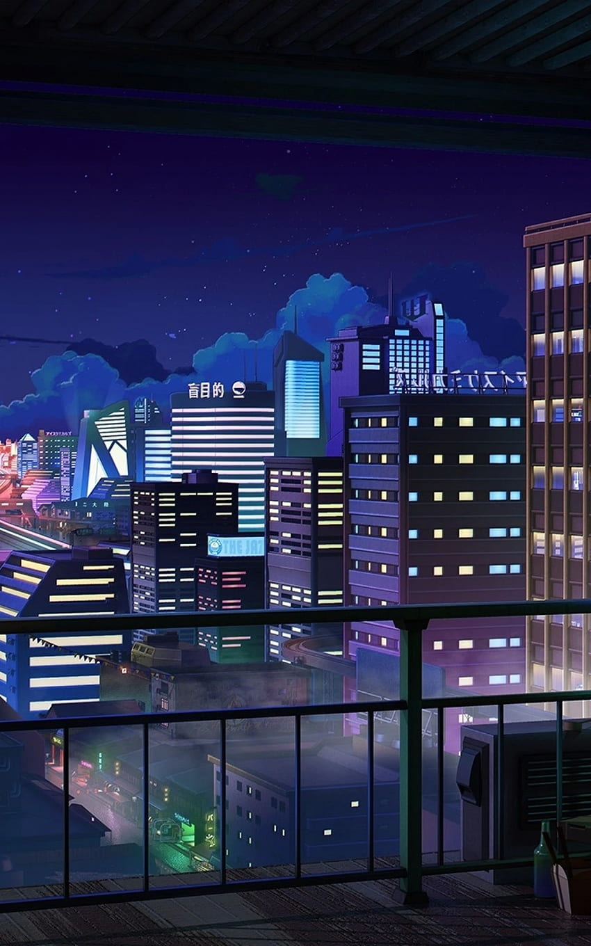Anime Cityscape, Night, Buildings, Balcony, Stars - Lo Fi City Night - , Neon Lofi HD phone wallpaper