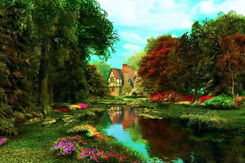 Jardin de campagne anglais, œuvres d'art, peinture, maison, arbres, étang Fond d'écran HD