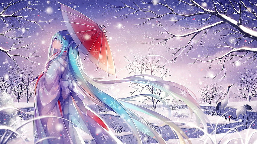 Vocaloid, Hatsune Miku, Neve, Roupas Tradicionais, Guarda-chuva, Kimono papel de parede HD
