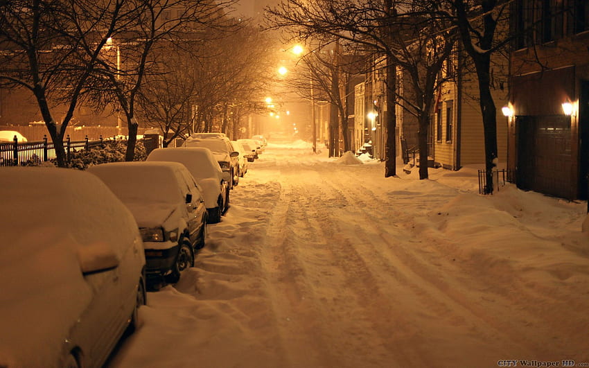 desert deserted street in Albany. Snow night, Winter HD wallpaper