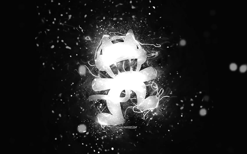 Monstercat white logo, , canadian DJs, white neon lights, creative, black abstract background, Monstercat logo, music stars, Monstercat HD wallpaper
