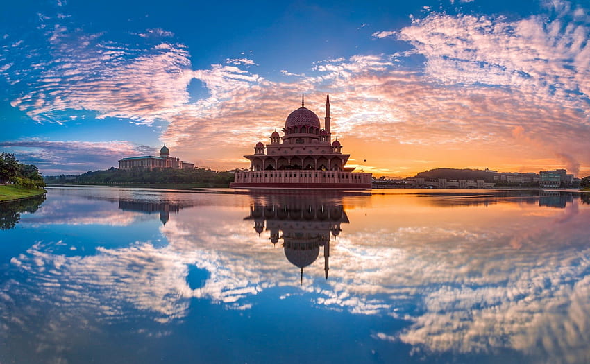 gün batımında malezya'da fantastik putra camii, yansıma, cami, bulutlar, göl, gün batımı HD duvar kağıdı