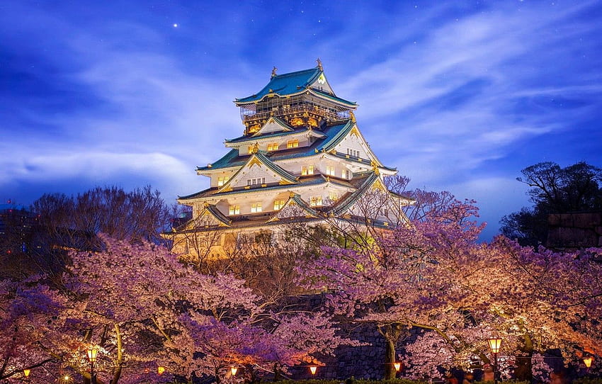 kastil, kecantikan, Jepang, penerangan, Kastil Himeji di Osaka untuk , bagian город, Kastil Jepang Wallpaper HD