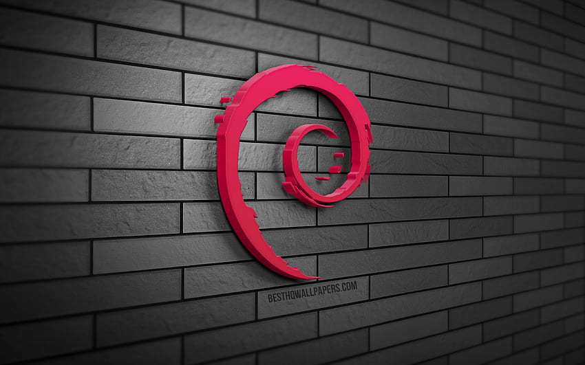Debian 3D logo, szary mur z cegły, kreatywny, Linux, logo Debiana, grafika 3D, Debian Tapeta HD
