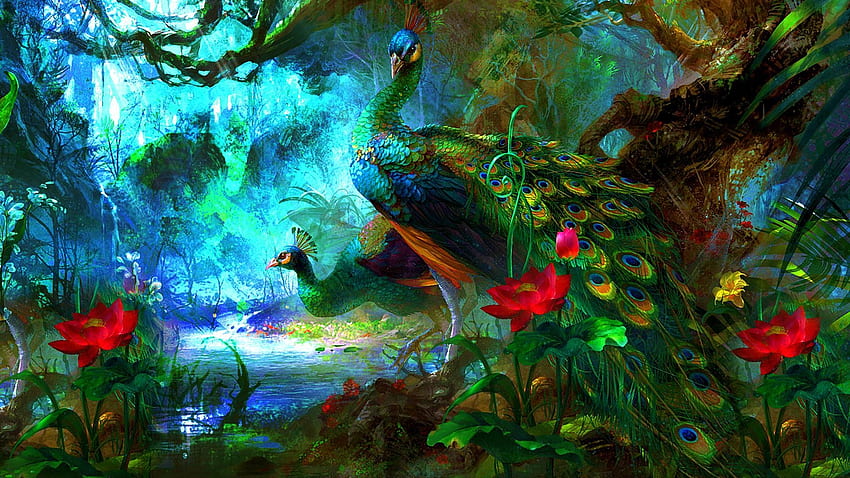 Peacocks, blue, hgjart, frumusete, bird, paun, fantasy, red, flower, green, peacock, luminos, jungle, pasari, forest, water, lotus HD wallpaper