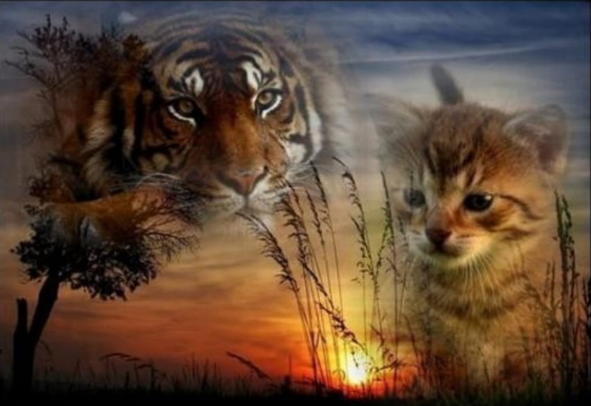 Duży i mały kot, kotek, tygrys, duży, 3d, fantasy, kot, mały Tapeta HD
