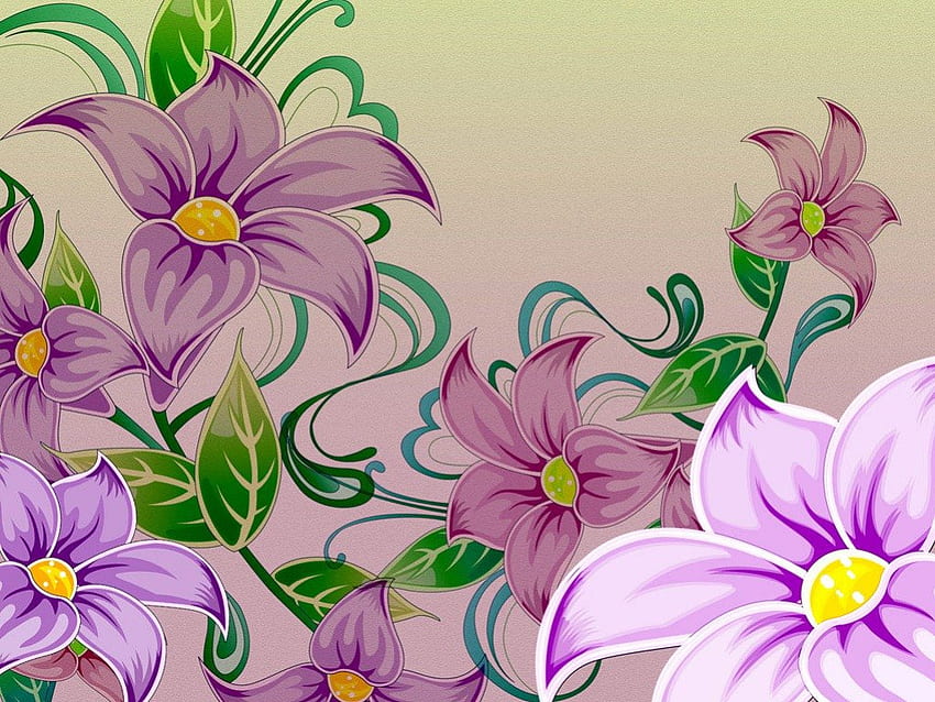 Purple Flowers, purple, abstract, yellow, flower, green, digital art, flowers HD wallpaper