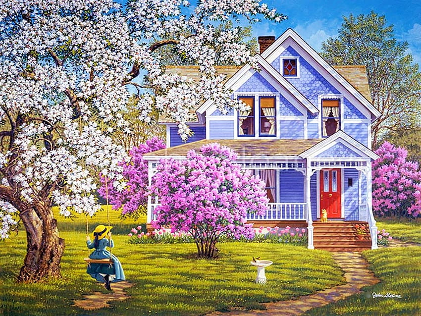 Lilac dan Renda, bunga, rumah, lukisan, pohon, taman, ayunan Wallpaper HD