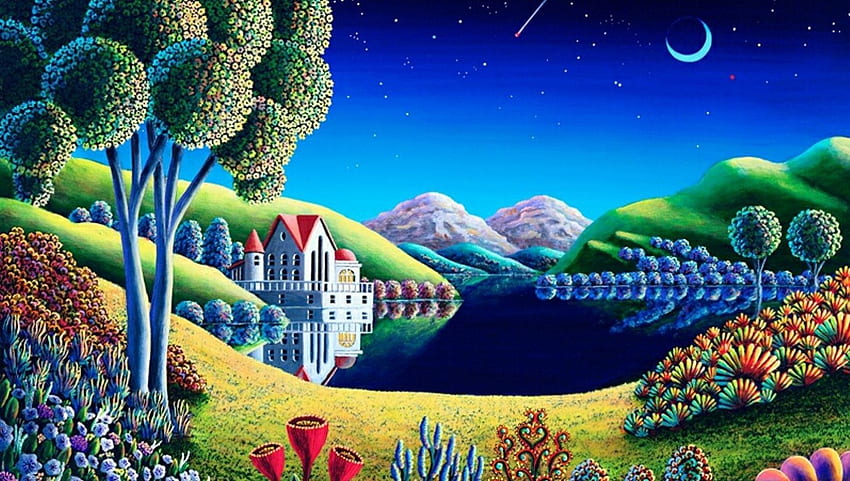 Blue Moon, artwork, hills, landscape, trees, building, flowers, dugital, lake HD wallpaper