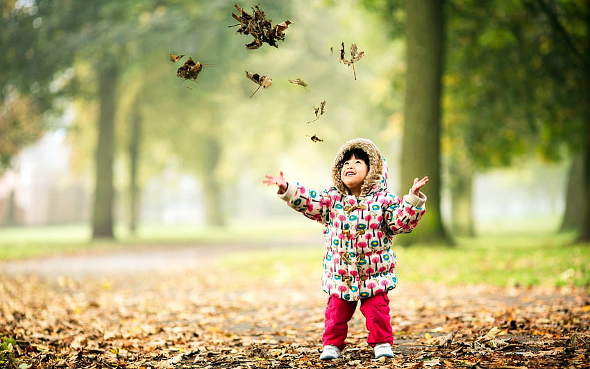Child Happy Nature Autumn Leaves HD wallpaper