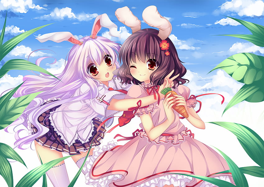 Reisen Udongein Inaba & Tewi Inaba, cheveux longs, robe, cheveux courts, lapin, arc, yeux marrons, jupe, reisen udongein inaba, brune, ruban, tewi inaba, lapin, rose, feuilles, anime, oreilles, nuages, ciel, filles , froufrous Fond d'écran HD