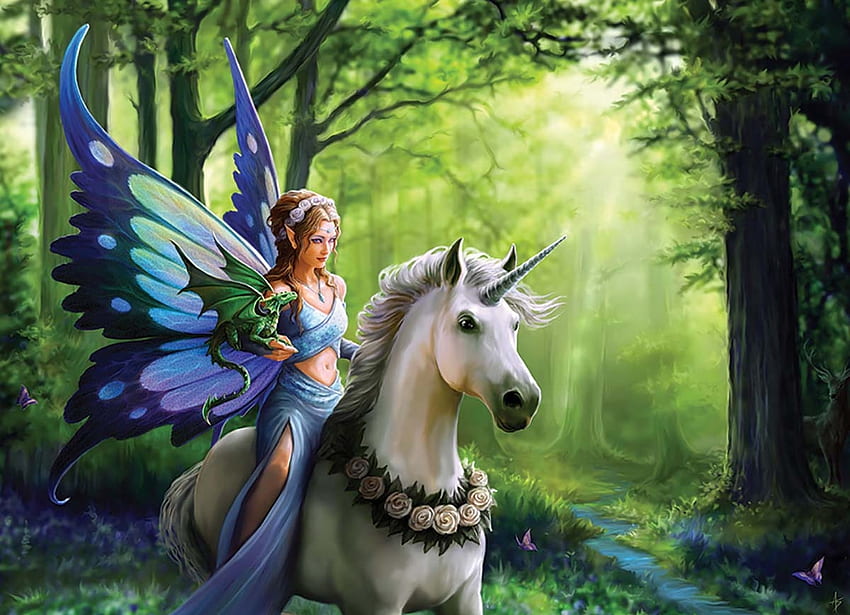 Peri dan unicorn, biru, peri, fantasi, seni, hijau, unicorn, gadis, anne stokes Wallpaper HD