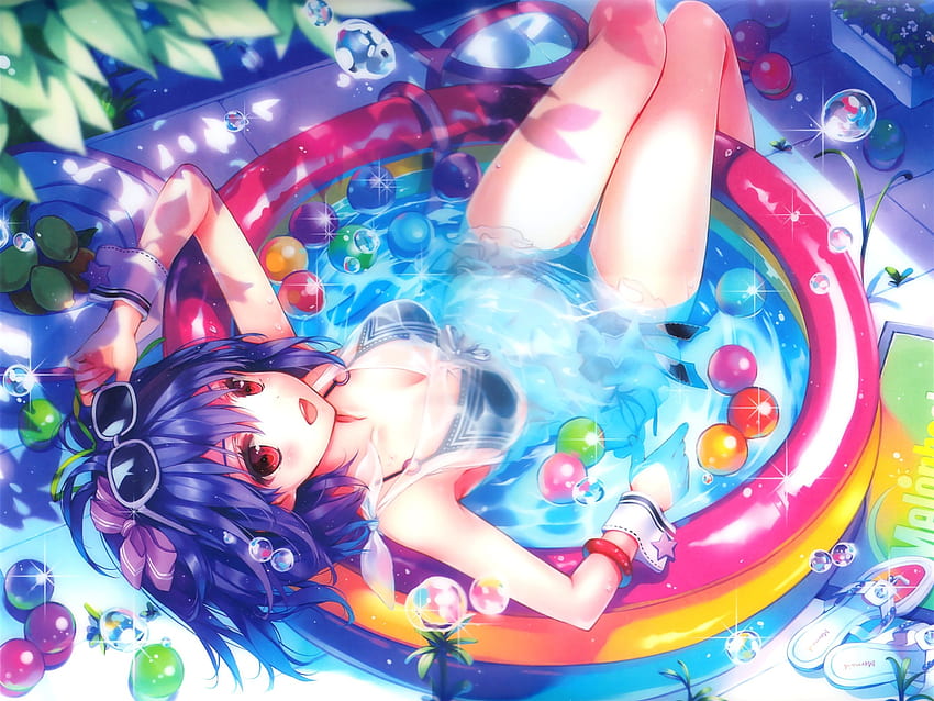 Chica anime feliz, agua, piscina, burbujas, gafas de sol, mujer anime feliz fondo de pantalla