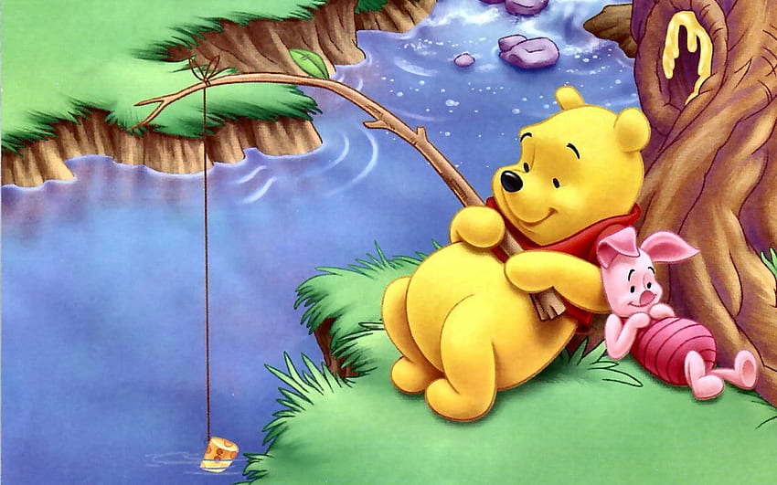 Winnie the Pooh, river, fishing, Pooh, Winnie, piglet, tree HD wallpaper