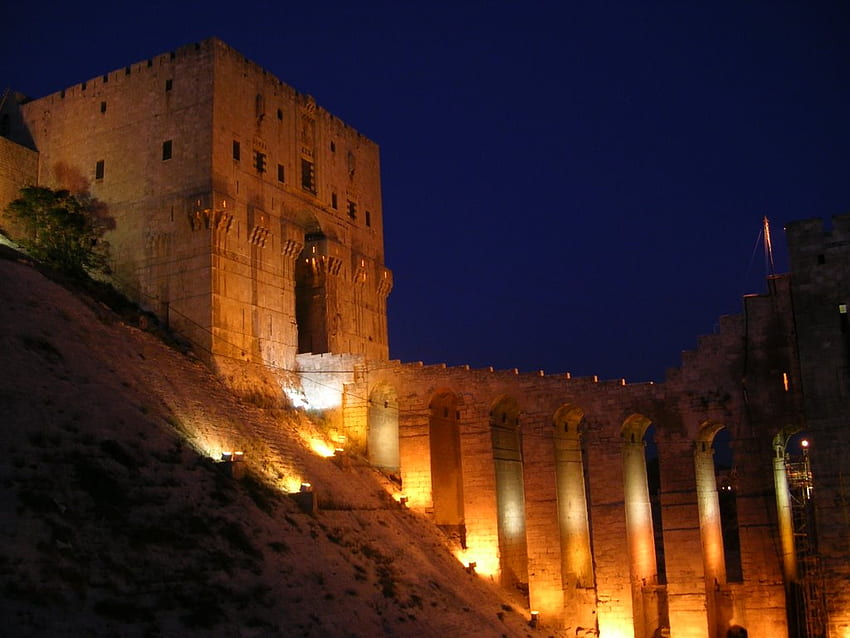 Aleppo. Citadel at night HD wallpaper