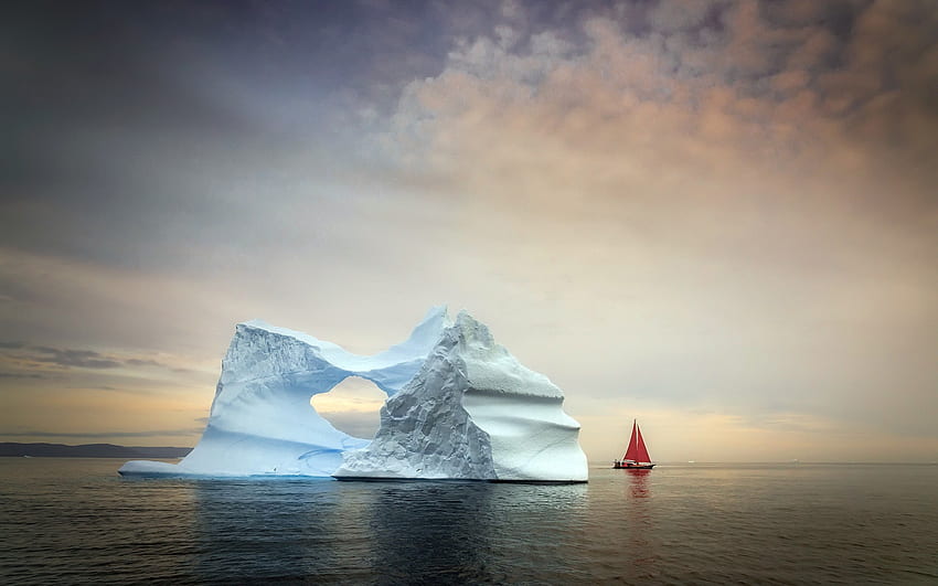 iceberg, sera, tramonto, Oceano Atlantico settentrionale, ghiaccio, grande iceberg, Groenlandia Sfondo HD