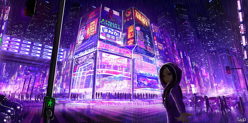 Cyberpunk Cityscape Girl Цифрово изкуство. Град, аниме декори, изкуство HD тапет