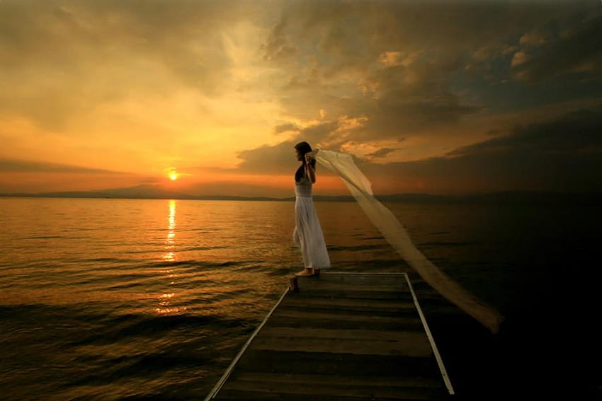Waiting, breeze blowing, golden sky, alone, clouds, dock, sunset, ocean, woman waiting HD wallpaper