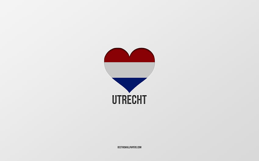 私はユトレヒトが大好き, オランダの都市, ユトレヒトの日, グレーの背景, ユトレヒト, オランダ, オランダ国旗のハート, お気に入りの都市, ユトレヒトが大好き 高画質の壁紙