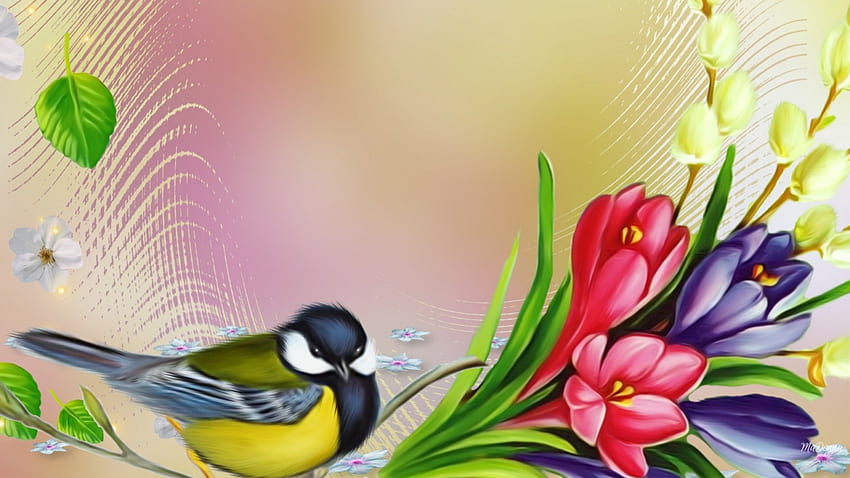 Птица и минзухар, листа, птица, минзухар, цветове, цветя, пролет HD тапет