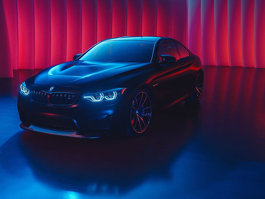 黒の BMW セダン、BMW M4、車、シアン、青、赤、光る、黒の車 • For You For & Mobile 高画質の壁紙