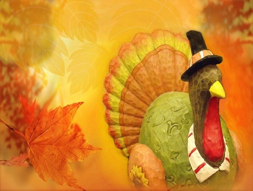 感謝祭の七面鳥、葉、感謝祭、七面鳥、帽子 高画質の壁紙