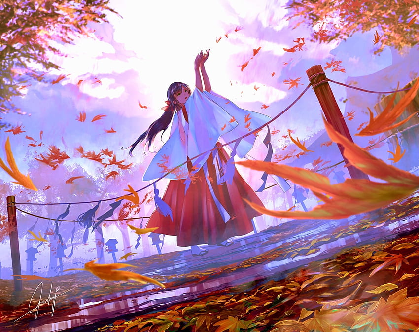 Autumn, leaves, beautiful anime girl, original HD wallpaper