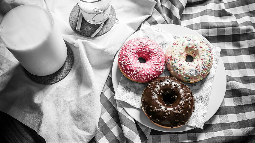donuts, milk, icing, tablecloth HD wallpaper