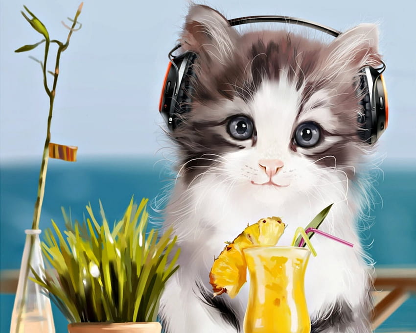 gato en la playa, azul, gatito, mar, animal, lorri kajenna, auriculares, arte, lindo, gato, playa, pisica, verano, amarillo, vidrio, luminos, bebida fondo de pantalla