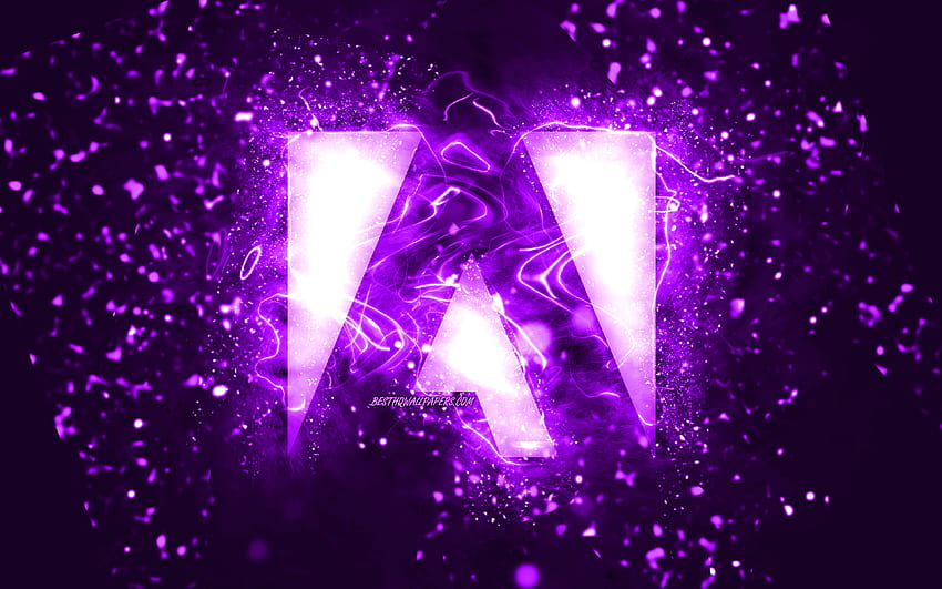 Adobe violet logo, , violet neon lights, creative, violet abstract background, Adobe logo, brands, Adobe HD wallpaper